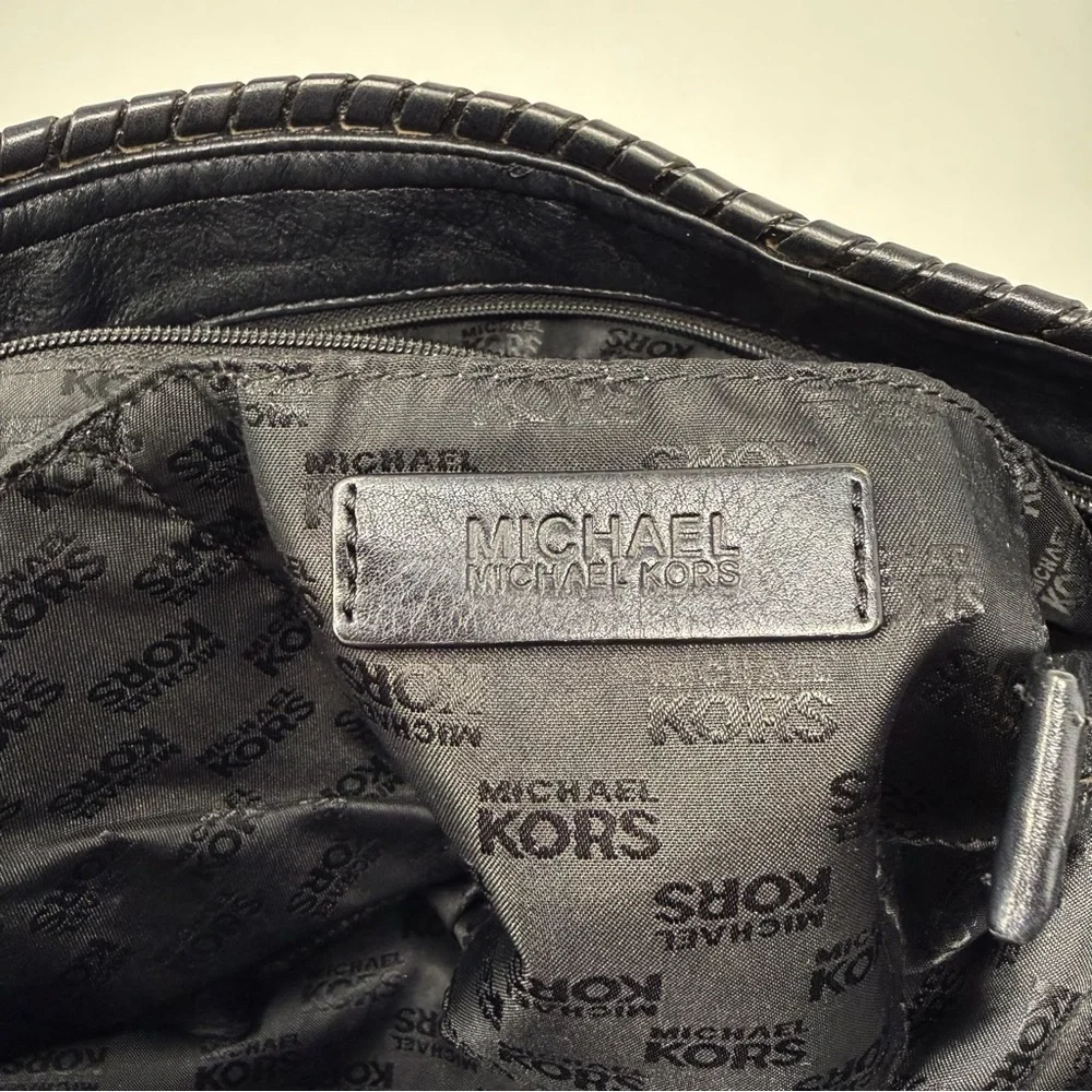 Michael Kors MK Logo Jacquard Hobo Shoulder Bag Black Tan Tassel Charm